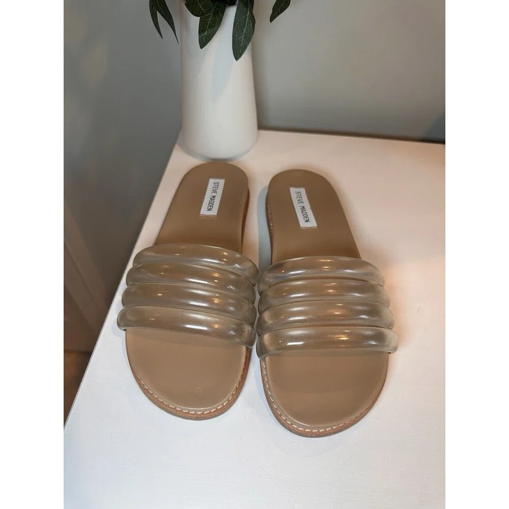 Steve Madden Clear Puffy Multi Strap Flat Slide Sandals Tan Nude Womens Size 7